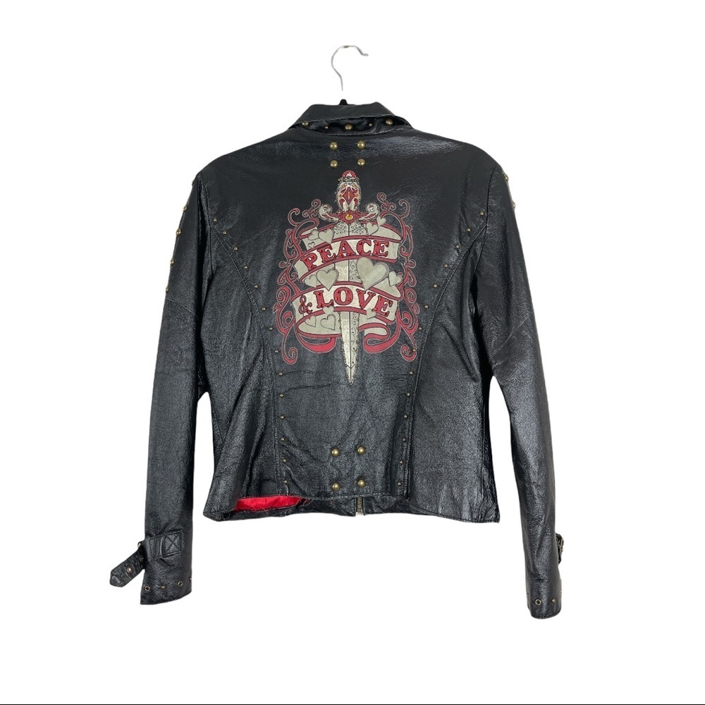 Wilsons Leather Peace & Love Black Studded Jacket Size L GREAT NFR Piece